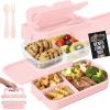 GORILLA GRIP BPA-Free Leakproof 5-Compartment Bento Lunch Box for Adults, Kids, 2 Tier Style, Microwave Safe Hot and Cold Food Containers, Easy to Carry Lid Includes Built-In Utensils Set, Black(Pink)