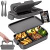GORILLA GRIP BPA-Free Leakproof 5-Compartment Bento Lunch Box for Adults, Kids, 2 Tier Style, Microwave Safe Hot and Cold Food Containers, Easy to Carry Lid Includes Built-In Utensils Set, Black(Gray)