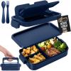 GORILLA GRIP BPA-Free Leakproof 5-Compartment Bento Lunch Box for Adults, Kids, 2 Tier Style, Microwave Safe Hot and Cold Food Containers, Easy to Carry Lid Includes Built-In Utensils Set, Black(Navy)