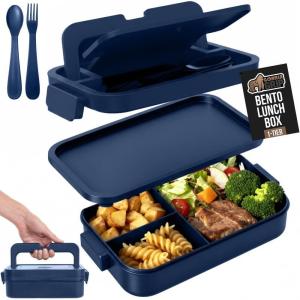 GORILLA GRIP BPA-Free Leakproof 5-Compartment Bento Lunch Box for Adults, Kids, 2 Tier Style, Microwave Safe Hot and Cold Food Containers, Easy to Carry Lid Includes Built-In Utensils Set, Black(Navy)