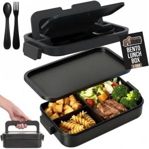 GORILLA GRIP BPA-Free Leakproof 5-Compartment Bento Lunch Box for Adults, Kids, 2 Tier Style, Microwave Safe Hot and Cold Food Containers, Easy to Carry Lid Includes Built-In Utensils Set, Black(Black)