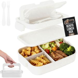 GORILLA GRIP BPA-Free Leakproof 5-Compartment Bento Lunch Box for Adults, Kids, 2 Tier Style, Microwave Safe Hot and Cold Food Containers, Easy to Carry Lid Includes Built-In Utensils Set, Black(White)