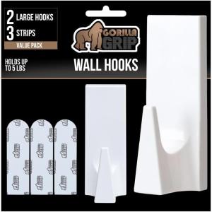 GORILLA GRIP Heavy Duty Reusable Wall Hooks for Hanging, Strong Easy Install Stick on Removable Adhesive Hook, No Nail Damage, Multisurface Use for Christmas Decorations, 5 Pack and 7 Strips, Plastic(White)