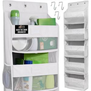 GORILLA GRIP Large Capacity Closet Organizer, 5 Deep Shelves, Holds 50lbs, Over the Door Organizers 6 Mesh Pockets, Shelf Storage for Clothes Crafts Dorm Essentials, 3 Metal Hooks, 58×15 Inches, Gray(White)
