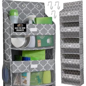 GORILLA GRIP Large Capacity Closet Organizer, 5 Deep Shelves, Holds 50lbs, Over the Door Organizers 6 Mesh Pockets, Shelf Storage for Clothes Crafts Dorm Essentials, 3 Metal Hooks, 58×15 Inches, Gray(Gray Quatrefoil)