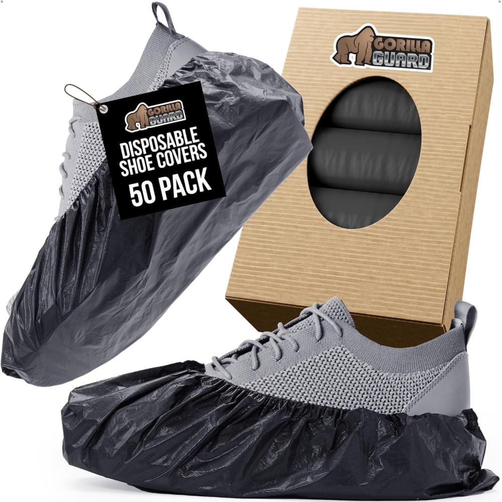 imageGORILLA GUARD Shoe Covers Disposable Pack of 50 25 Pairs Waterproof Ankle Booties Puncture Resistant Accessories for Work Safety Boot Cover for Indoors and Outdoors Secure Universal Fit Black50