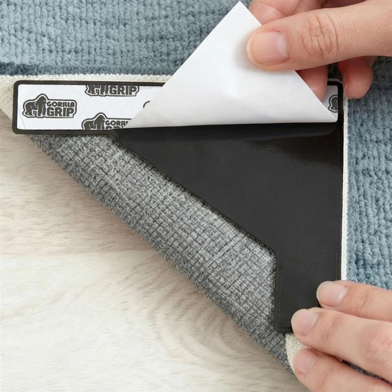 image:imageGORILLA GRIP Extra Wide Dual Sided Rug Gripper Pads Holds Carpet in Place on Hardwood Floors and Tile Removable Reusable Sticky Corner Grippers Universal Fit Floor Pad for Under Area Rugs 4 PackBlack