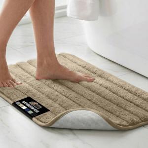 GORILLA GRIP Textured Backing Bathroom Rugs, Soft Memory Foam Absorbent Striped Bath Mats, Machine Washable & Fade Resistant, Bathmat Accessories for Floor, Home Decor Shower Essentials, Gray 24×16(Beige)