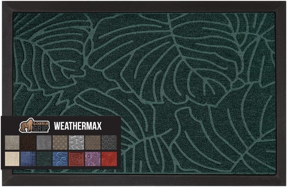 image:imageGORILLA GRIP 100 Waterproof AllSeason WeatherMax Doormat US Designed Natural Rubber Stain and Fade Resistant Low Profile Indoor Outdoor Door Mats Easy Clean Patio Mat 17x29 Latte QuatrefoilGreen Palm
