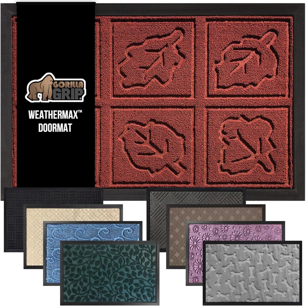 image:imageGORILLA GRIP 100 Waterproof AllSeason WeatherMax Doormat US Designed Natural Rubber Stain and Fade Resistant Low Profile Indoor Outdoor Door Mats Easy Clean Patio Mat 17x29 Latte QuatrefoilBurgundy Leaves