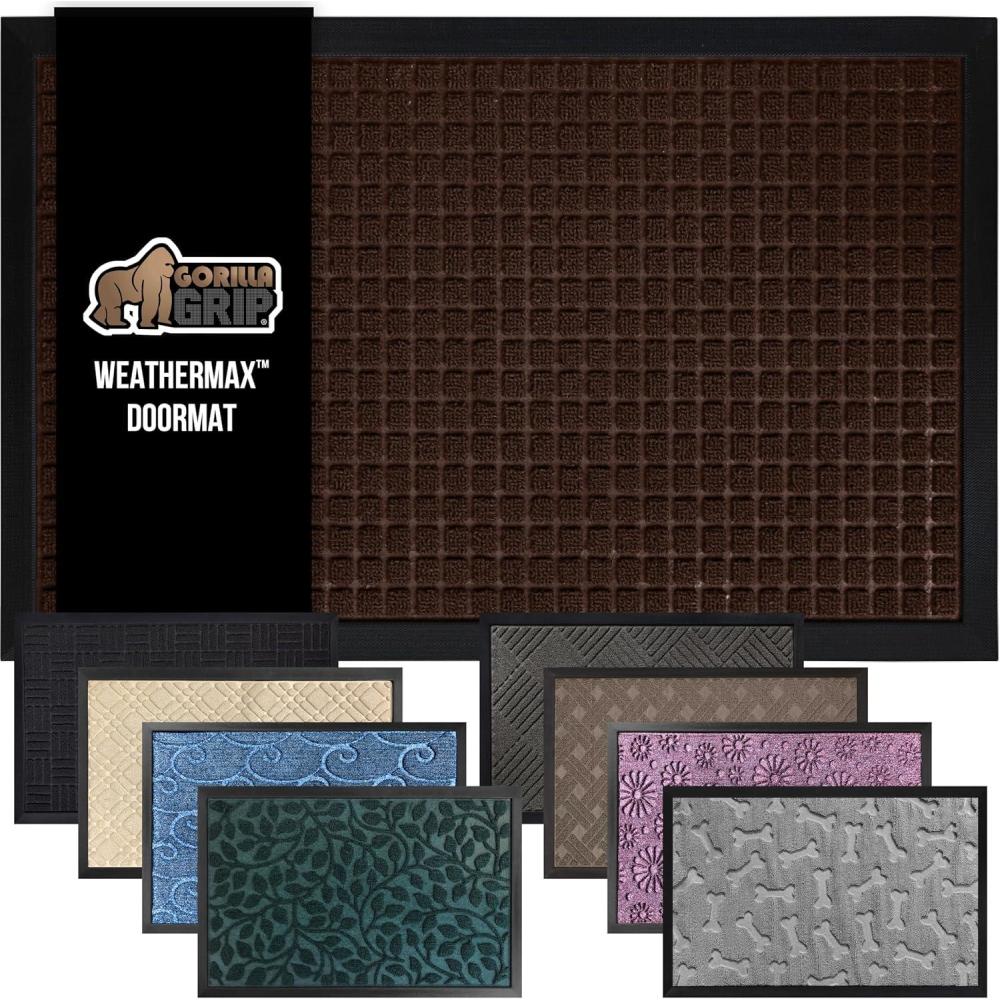 image:imageGORILLA GRIP 100 Waterproof AllSeason WeatherMax Doormat US Designed Natural Rubber Stain and Fade Resistant Low Profile Indoor Outdoor Door Mats Easy Clean Patio Mat 17x29 Latte QuatrefoilCoffee Squares
