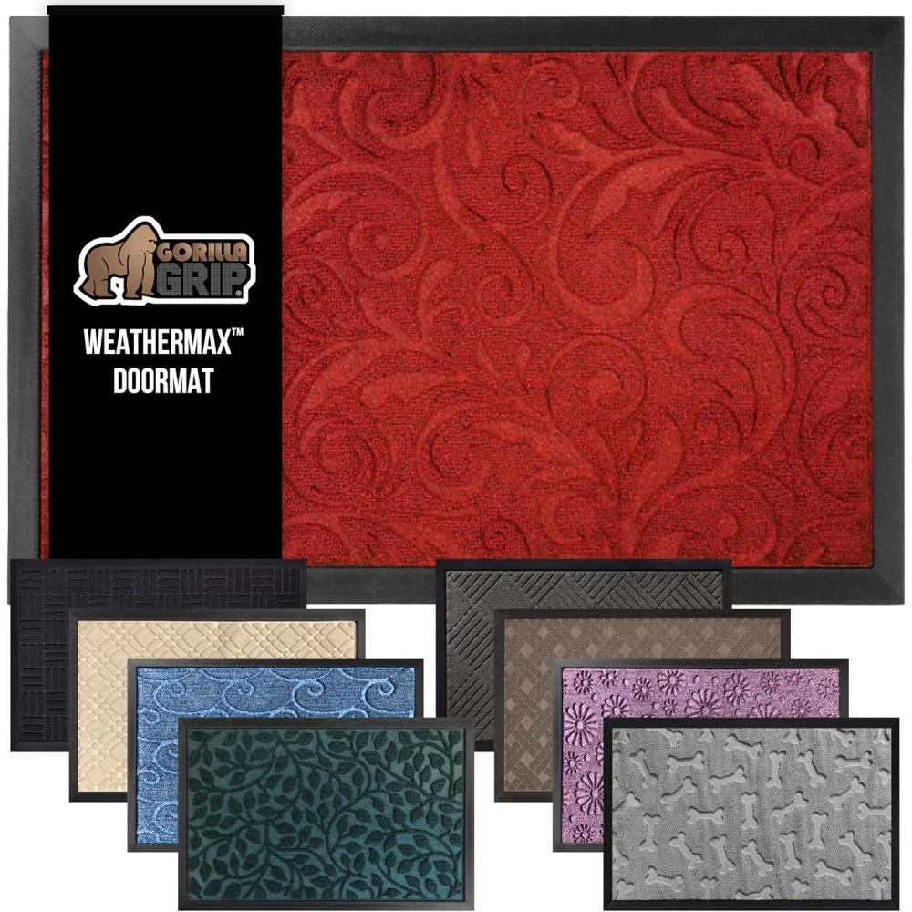 image:imageGORILLA GRIP 100 Waterproof AllSeason WeatherMax Doormat US Designed Natural Rubber Stain and Fade Resistant Low Profile Indoor Outdoor Door Mats Easy Clean Patio Mat 17x29 Latte QuatrefoilRed Vintage Wine