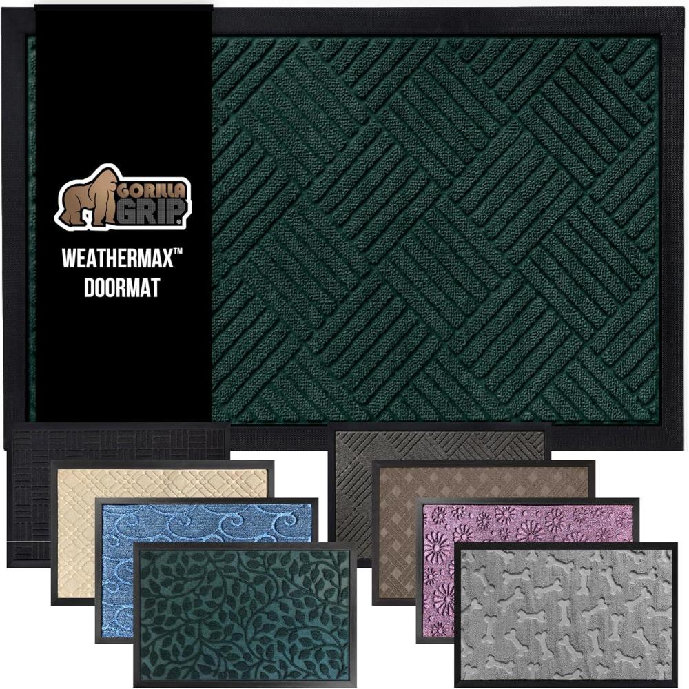 image:imageGORILLA GRIP 100 Waterproof AllSeason WeatherMax Doormat US Designed Natural Rubber Stain and Fade Resistant Low Profile Indoor Outdoor Door Mats Easy Clean Patio Mat 17x29 Latte QuatrefoilGreen Diamond