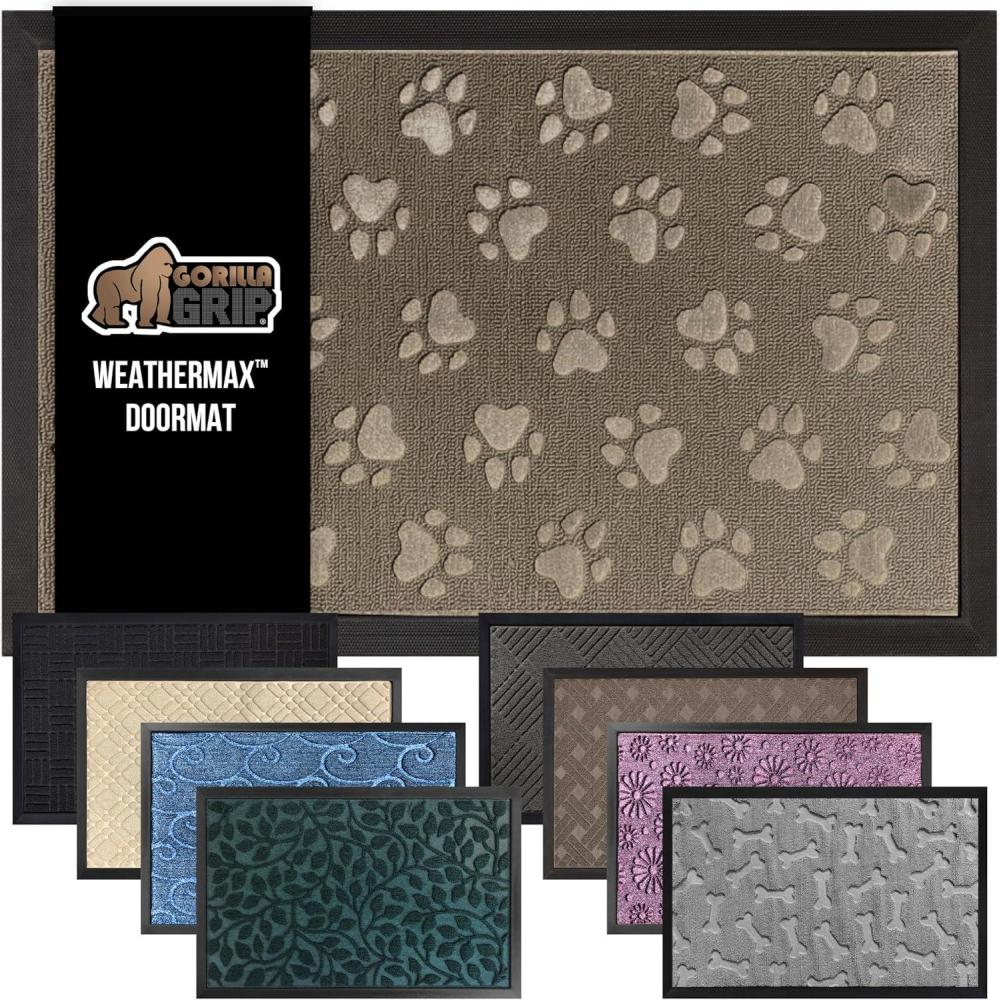 image:imageGORILLA GRIP 100 Waterproof AllSeason WeatherMax Doormat US Designed Natural Rubber Stain and Fade Resistant Low Profile Indoor Outdoor Door Mats Easy Clean Patio Mat 17x29 Latte QuatrefoilTan Pawprints