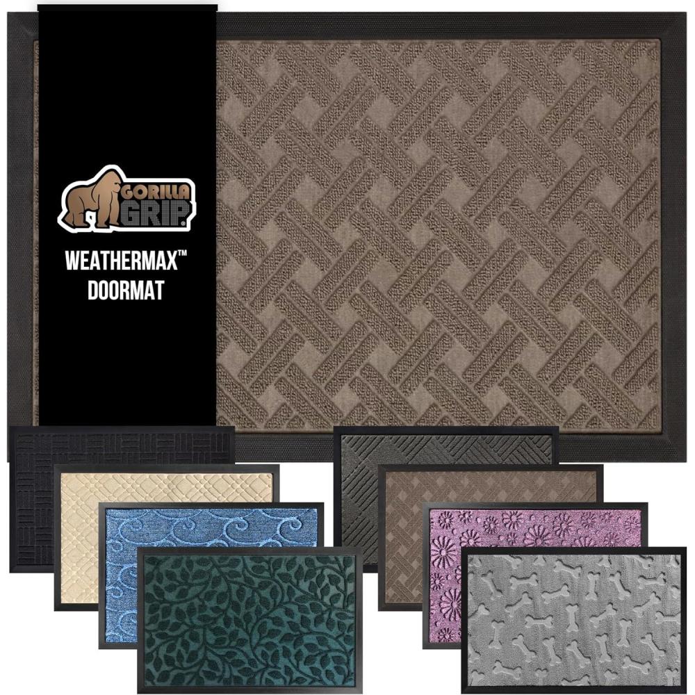 image:imageGORILLA GRIP 100 Waterproof AllSeason WeatherMax Doormat US Designed Natural Rubber Stain and Fade Resistant Low Profile Indoor Outdoor Door Mats Easy Clean Patio Mat 17x29 Latte QuatrefoilTaupe Basket Weave