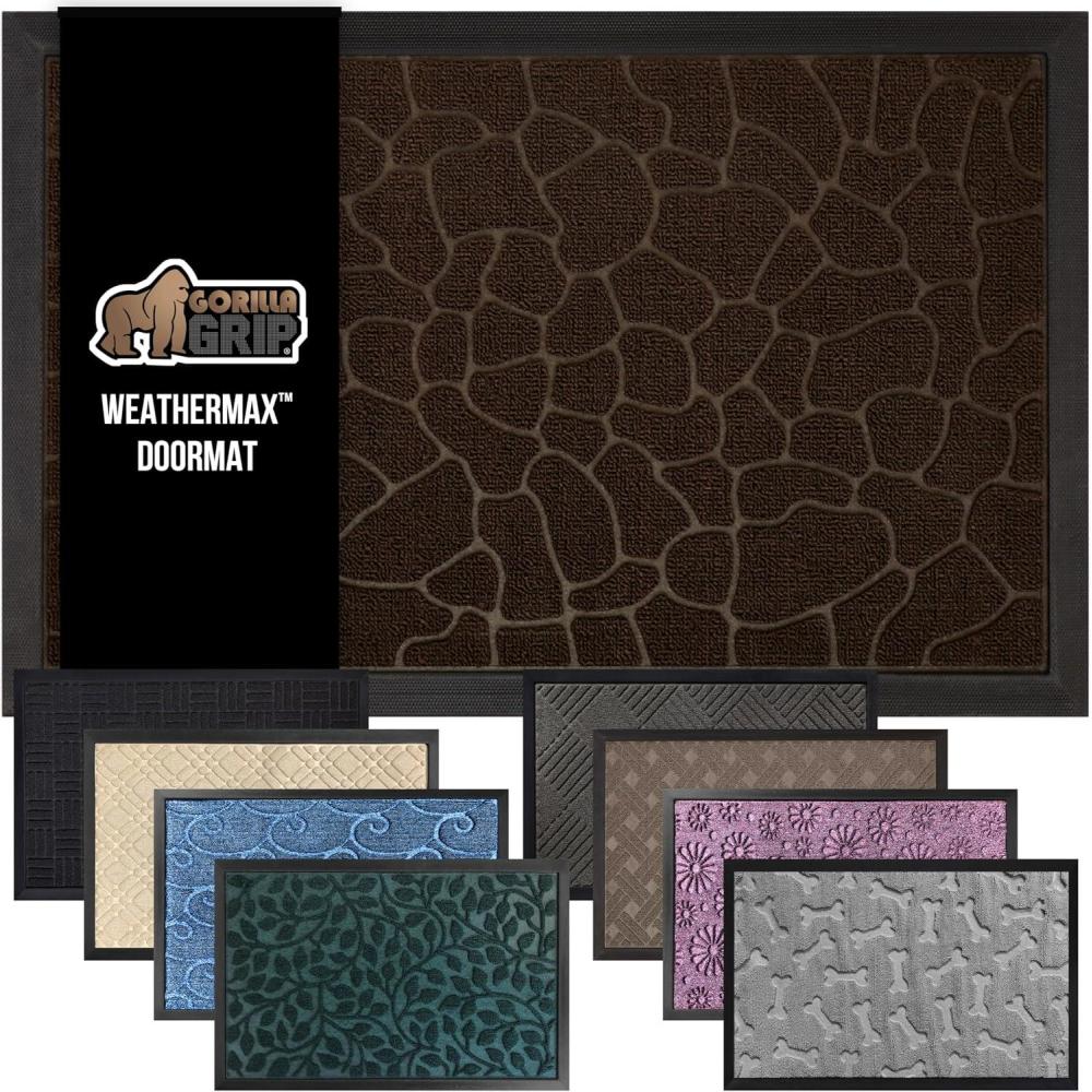 image:imageGORILLA GRIP 100 Waterproof AllSeason WeatherMax Doormat US Designed Natural Rubber Stain and Fade Resistant Low Profile Indoor Outdoor Door Mats Easy Clean Patio Mat 17x29 Latte QuatrefoilDark Brown Pebble