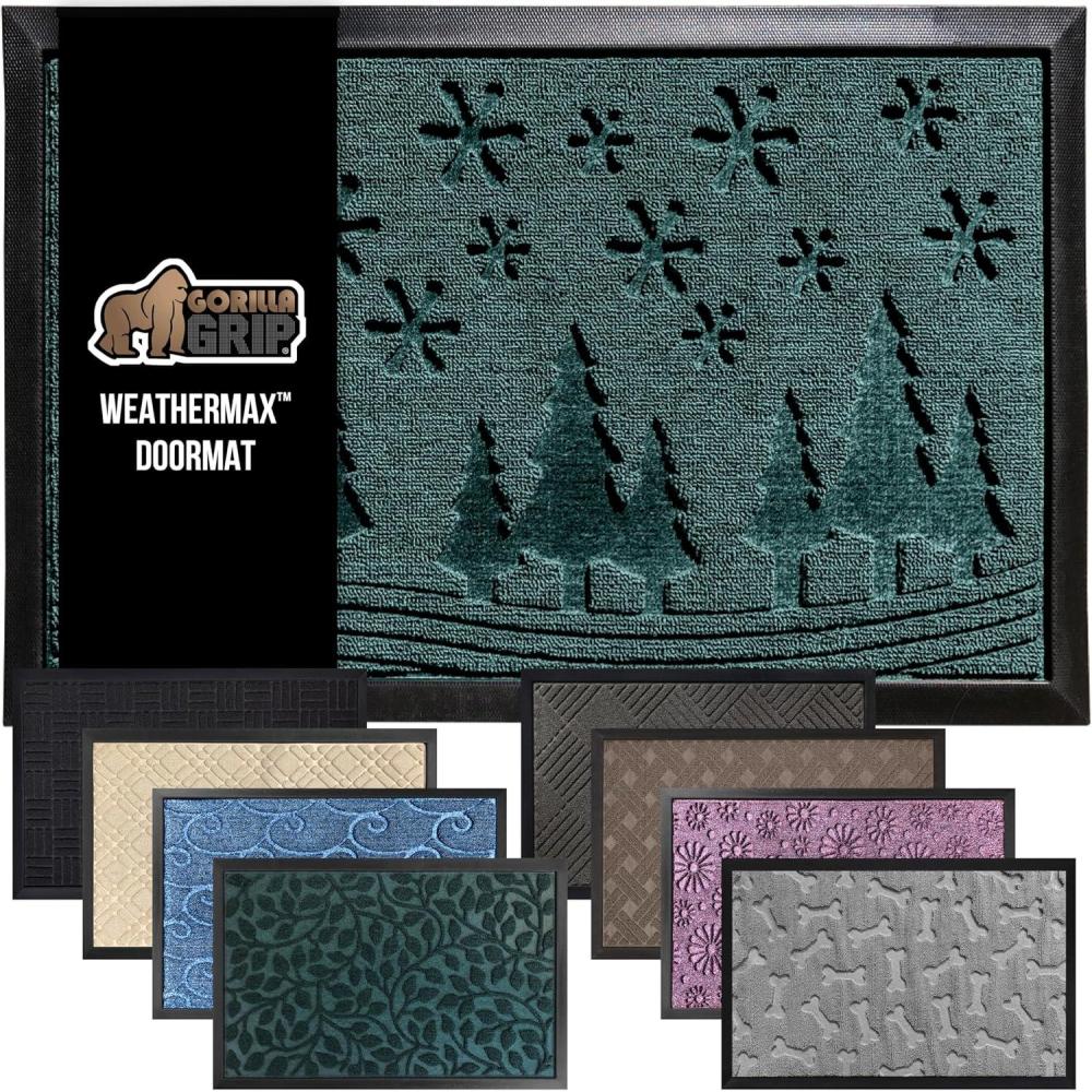 image:imageGORILLA GRIP 100 Waterproof AllSeason WeatherMax Doormat US Designed Natural Rubber Stain and Fade Resistant Low Profile Indoor Outdoor Door Mats Easy Clean Patio Mat 17x29 Latte QuatrefoilEvergreen Snowscape