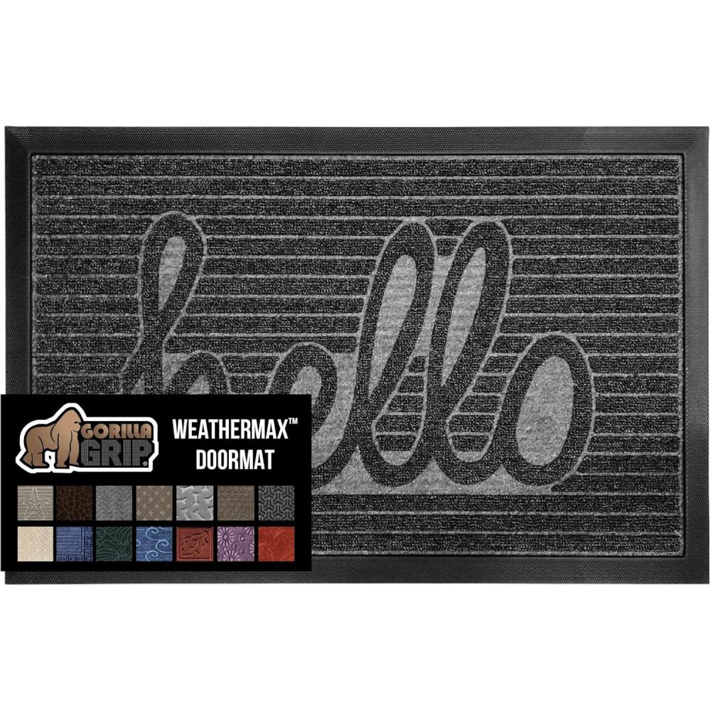 image:imageGORILLA GRIP 100 Waterproof AllSeason WeatherMax Doormat US Designed Natural Rubber Stain and Fade Resistant Low Profile Indoor Outdoor Door Mats Easy Clean Patio Mat 17x29 Latte QuatrefoilCharcoal Hello