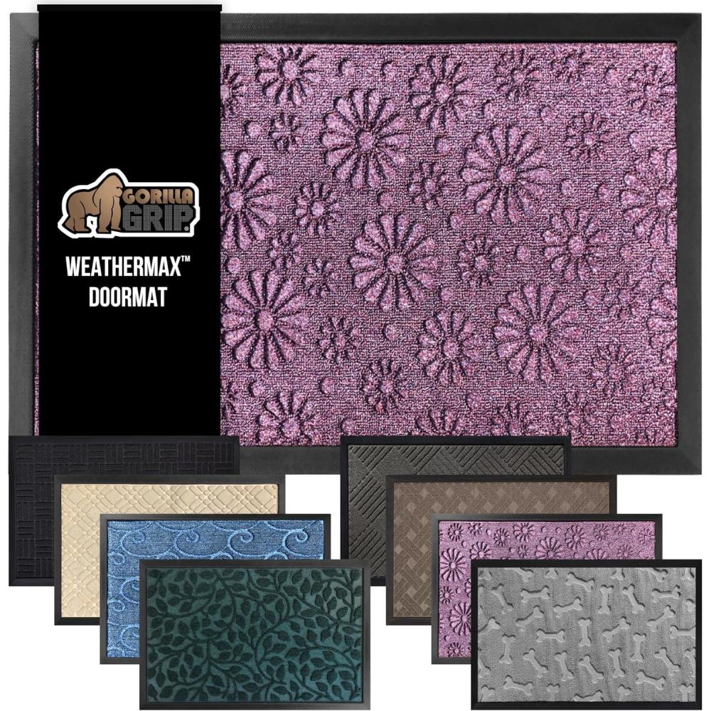 image:imageGORILLA GRIP 100 Waterproof AllSeason WeatherMax Doormat US Designed Natural Rubber Stain and Fade Resistant Low Profile Indoor Outdoor Door Mats Easy Clean Patio Mat 17x29 Latte QuatrefoilPurple Confetti Daisy