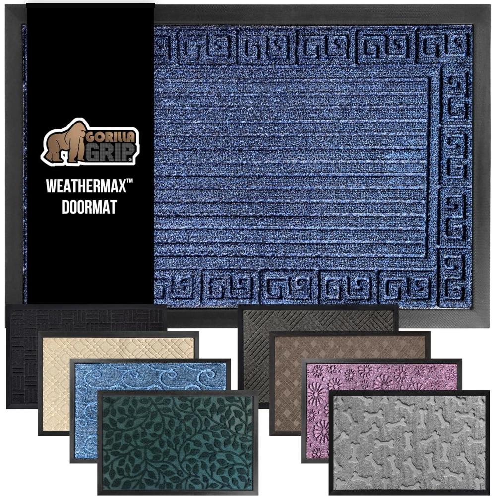 image:imageGORILLA GRIP 100 Waterproof AllSeason WeatherMax Doormat US Designed Natural Rubber Stain and Fade Resistant Low Profile Indoor Outdoor Door Mats Easy Clean Patio Mat 17x29 Latte QuatrefoilNavy Greek Keys