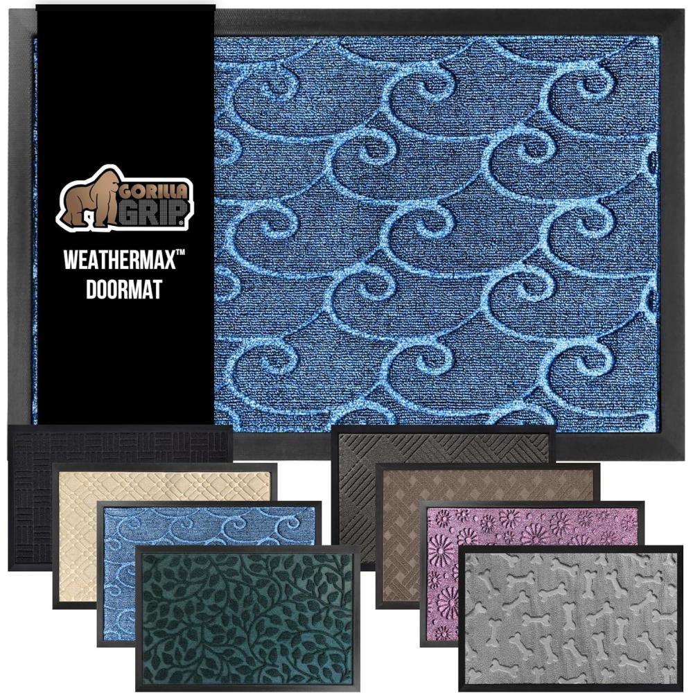 image:imageGORILLA GRIP 100 Waterproof AllSeason WeatherMax Doormat US Designed Natural Rubber Stain and Fade Resistant Low Profile Indoor Outdoor Door Mats Easy Clean Patio Mat 17x29 Latte QuatrefoilOcean Blue Waves
