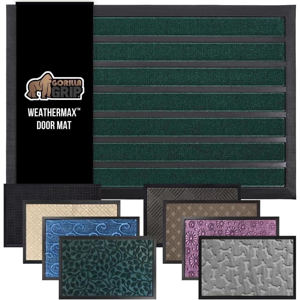 image:imageGORILLA GRIP 100 Waterproof AllSeason WeatherMax Doormat US Designed Natural Rubber Stain and Fade Resistant Low Profile Indoor Outdoor Door Mats Easy Clean Patio Mat 17x29 Latte QuatrefoilGreen Stripe