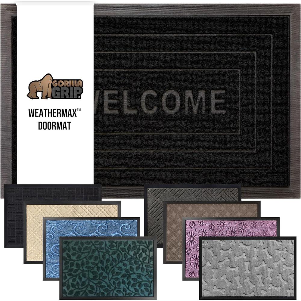 image:imageGORILLA GRIP 100 Waterproof AllSeason WeatherMax Doormat US Designed Natural Rubber Stain and Fade Resistant Low Profile Indoor Outdoor Door Mats Easy Clean Patio Mat 17x29 Latte QuatrefoilBlack Welcome