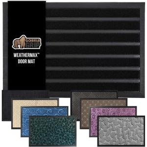 GORILLA GRIP 100% Waterproof All-Season WeatherMax Doormat US Designed Natural Rubber, Stain and Fade Resistant, Low Profile Indoor Outdoor Door Mats, Easy Clean Patio Mat, 17×29, Latte Quatrefoil(Black Stripe)