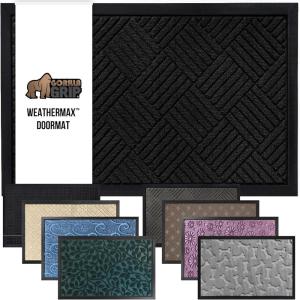 GORILLA GRIP 100% Waterproof All-Season WeatherMax Doormat US Designed Natural Rubber, Stain and Fade Resistant, Low Profile Indoor Outdoor Door Mats, Easy Clean Patio Mat, 17×29, Latte Quatrefoil(Black Diamond)