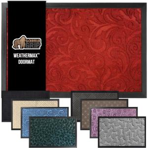 GORILLA GRIP 100% Waterproof All-Season WeatherMax Doormat US Designed Natural Rubber, Stain and Fade Resistant, Low Profile Indoor Outdoor Door Mats, Easy Clean Patio Mat, 17×29, Latte Quatrefoil(Red Vintage Wine)