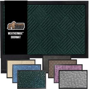 GORILLA GRIP 100% Waterproof All-Season WeatherMax Doormat US Designed Natural Rubber, Stain and Fade Resistant, Low Profile Indoor Outdoor Door Mats, Easy Clean Patio Mat, 17×29, Latte Quatrefoil(Green Diamond)