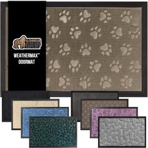 GORILLA GRIP 100% Waterproof All-Season WeatherMax Doormat US Designed Natural Rubber, Stain and Fade Resistant, Low Profile Indoor Outdoor Door Mats, Easy Clean Patio Mat, 17×29, Latte Quatrefoil(Tan Pawprints)