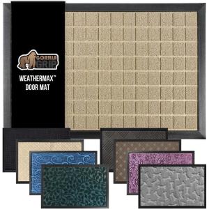 GORILLA GRIP 100% Waterproof All-Season WeatherMax Doormat US Designed Natural Rubber, Stain and Fade Resistant, Low Profile Indoor Outdoor Door Mats, Easy Clean Patio Mat, 17×29, Latte Quatrefoil(Taupe Grid)