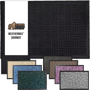 GORILLA GRIP 100% Waterproof All-Season WeatherMax Doormat US Designed Natural Rubber, Stain and Fade Resistant, Low Profile Indoor Outdoor Door Mats, Easy Clean Patio Mat, 17×29, Latte Quatrefoil(Midnight Maze)