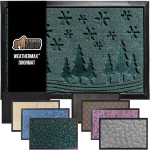 GORILLA GRIP 100% Waterproof All-Season WeatherMax Doormat US Designed Natural Rubber, Stain and Fade Resistant, Low Profile Indoor Outdoor Door Mats, Easy Clean Patio Mat, 17×29, Latte Quatrefoil(Evergreen Snowscape)