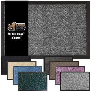 GORILLA GRIP 100% Waterproof All-Season WeatherMax Doormat US Designed Natural Rubber, Stain and Fade Resistant, Low Profile Indoor Outdoor Door Mats, Easy Clean Patio Mat, 17×29, Latte Quatrefoil(Steel Chevron)