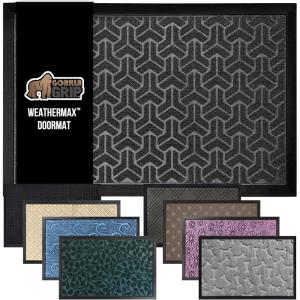 GORILLA GRIP 100% Waterproof All-Season WeatherMax Doormat US Designed Natural Rubber, Stain and Fade Resistant, Low Profile Indoor Outdoor Door Mats, Easy Clean Patio Mat, 17×29, Latte Quatrefoil(Slate Geometric)