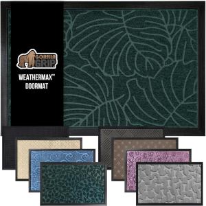 GORILLA GRIP 100% Waterproof All-Season WeatherMax Doormat US Designed Natural Rubber, Stain and Fade Resistant, Low Profile Indoor Outdoor Door Mats, Easy Clean Patio Mat, 17×29, Latte Quatrefoil(Green Palm)
