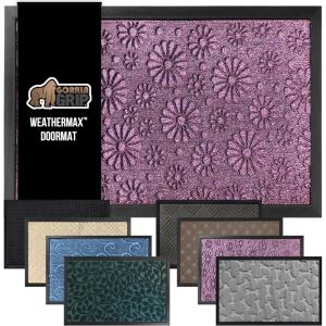 GORILLA GRIP 100% Waterproof All-Season WeatherMax Doormat US Designed Natural Rubber, Stain and Fade Resistant, Low Profile Indoor Outdoor Door Mats, Easy Clean Patio Mat, 17×29, Latte Quatrefoil(Purple Confetti Daisy)