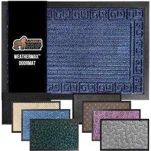 GORILLA GRIP 100% Waterproof All-Season WeatherMax Doormat US Designed Natural Rubber, Stain and Fade Resistant, Low Profile Indoor Outdoor Door Mats, Easy Clean Patio Mat, 17×29, Latte Quatrefoil(Navy Greek Keys)