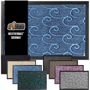 GORILLA GRIP 100% Waterproof All-Season WeatherMax Doormat US Designed Natural Rubber, Stain and Fade Resistant, Low Profile Indoor Outdoor Door Mats, Easy Clean Patio Mat, 17×29, Latte Quatrefoil(Ocean Blue Waves)