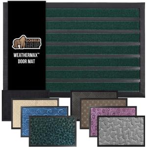 GORILLA GRIP 100% Waterproof All-Season WeatherMax Doormat US Designed Natural Rubber, Stain and Fade Resistant, Low Profile Indoor Outdoor Door Mats, Easy Clean Patio Mat, 17×29, Latte Quatrefoil(Green Stripe)