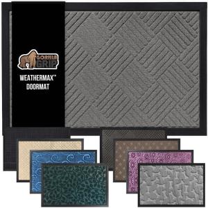 GORILLA GRIP 100% Waterproof All-Season WeatherMax Doormat US Designed Natural Rubber, Stain and Fade Resistant, Low Profile Indoor Outdoor Door Mats, Easy Clean Patio Mat, 17×29, Latte Quatrefoil(Gray Diamond)