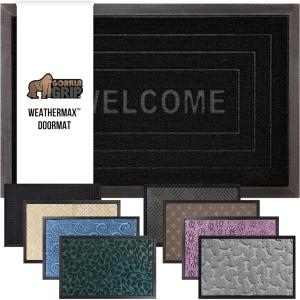 GORILLA GRIP 100% Waterproof All-Season WeatherMax Doormat US Designed Natural Rubber, Stain and Fade Resistant, Low Profile Indoor Outdoor Door Mats, Easy Clean Patio Mat, 17×29, Latte Quatrefoil(Black Welcome)