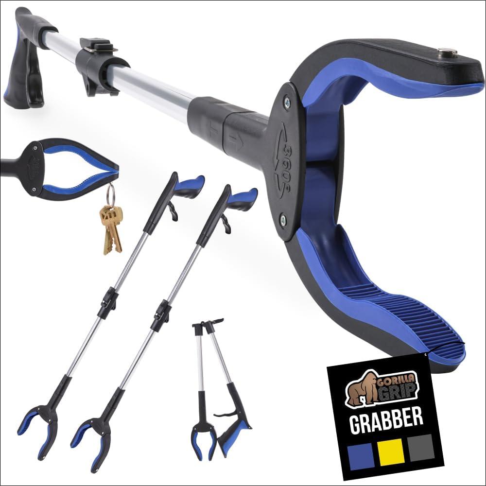 image:imageGORILLA GRIP Strong Rubber Lined Claw Grabber Ergonomic AntiSlip Reacher Tool for Seniors 360 Magnetic Rotating Head Reaching Pick Up Stick Foldable Trash Picker Handicap Gripper YellowBlue