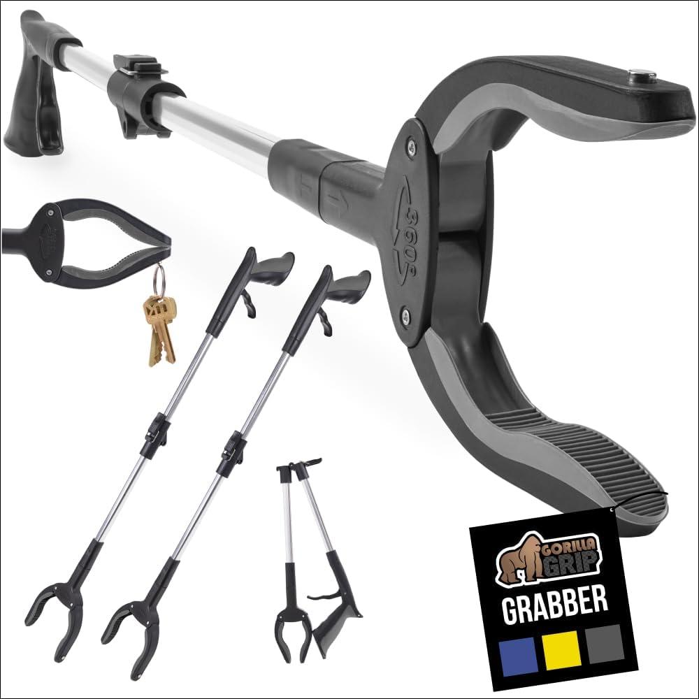 image:imageGORILLA GRIP Strong Rubber Lined Claw Grabber Ergonomic AntiSlip Reacher Tool for Seniors 360 Magnetic Rotating Head Reaching Pick Up Stick Foldable Trash Picker Handicap Gripper YellowGray