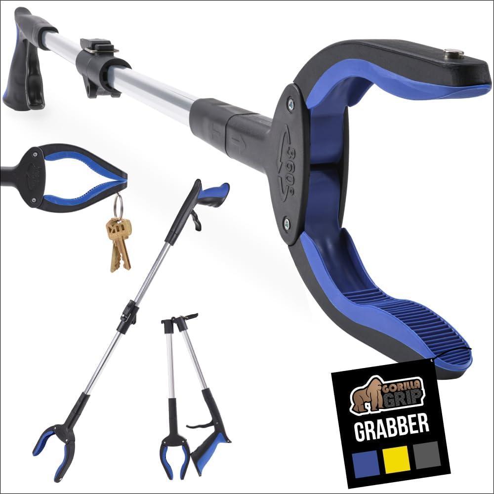 image:imageGORILLA GRIP Strong Rubber Lined Claw Grabber Ergonomic AntiSlip Reacher Tool for Seniors 360 Magnetic Rotating Head Reaching Pick Up Stick Foldable Trash Picker Handicap Gripper YellowBlue