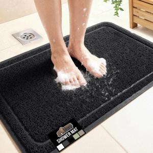 GORILLA GRIP Exfoliating Bath and Shower Mat, Textured Backing, Soft Loofah-Style Foot Scrubber for Outside or Inside Bathtub, Quick Dry Easy Drainage Tub Floor Mats, Bathroom Essentials, 24×16, Gray(Black)