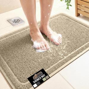 GORILLA GRIP Exfoliating Bath and Shower Mat, Textured Backing, Soft Loofah-Style Foot Scrubber for Outside or Inside Bathtub, Quick Dry Easy Drainage Tub Floor Mats, Bathroom Essentials, 24×16, Gray(Beige)