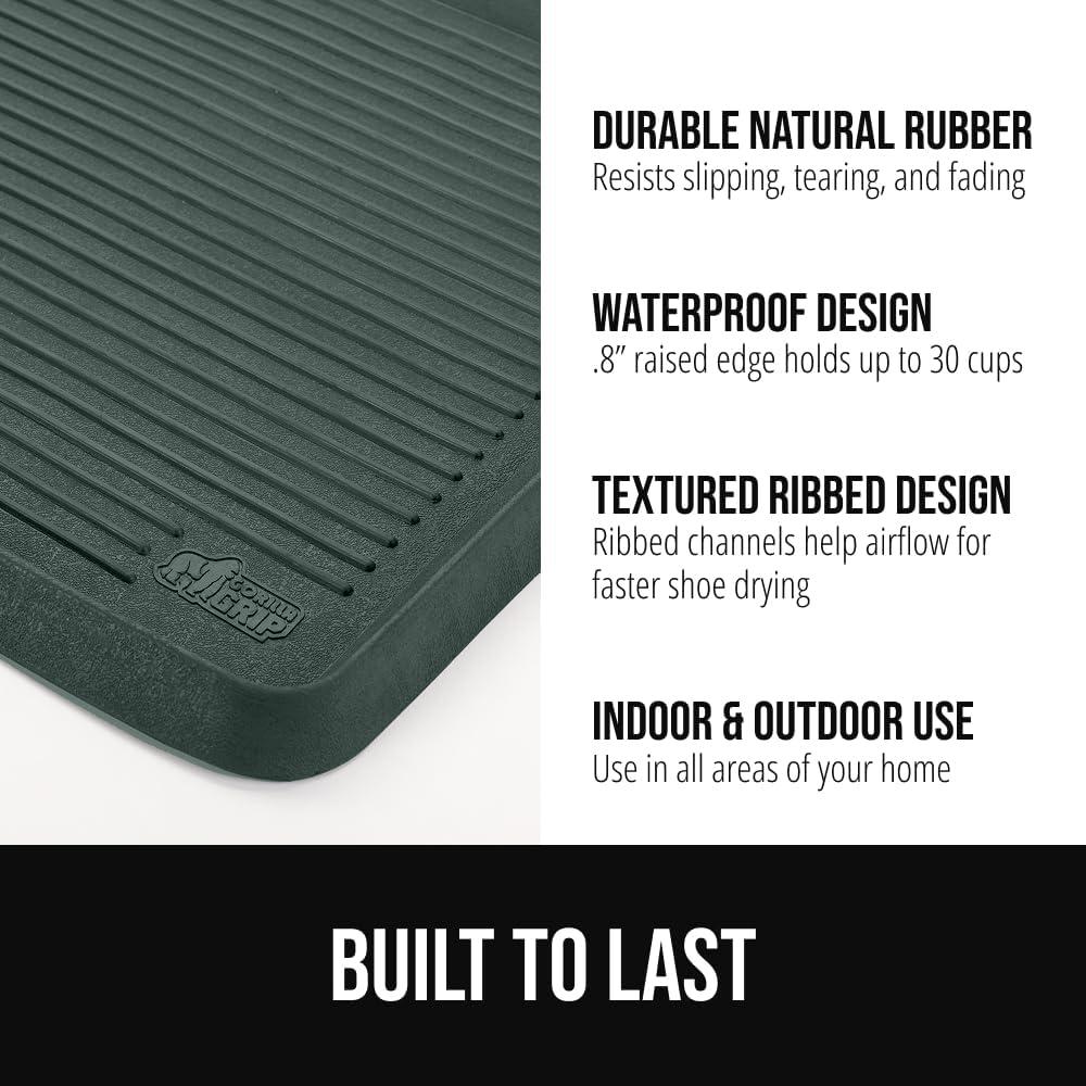 image:imageGORILLA GRIP Natural Rubber Indoor Outdoor Boot Tray for Shoes Waterproof Winter Mat with Raised Edges and Handle Tear Resistant Heavy Duty Floor Mats for Home Easy Clean Shoe Trays 24x16 BlackHunter Green